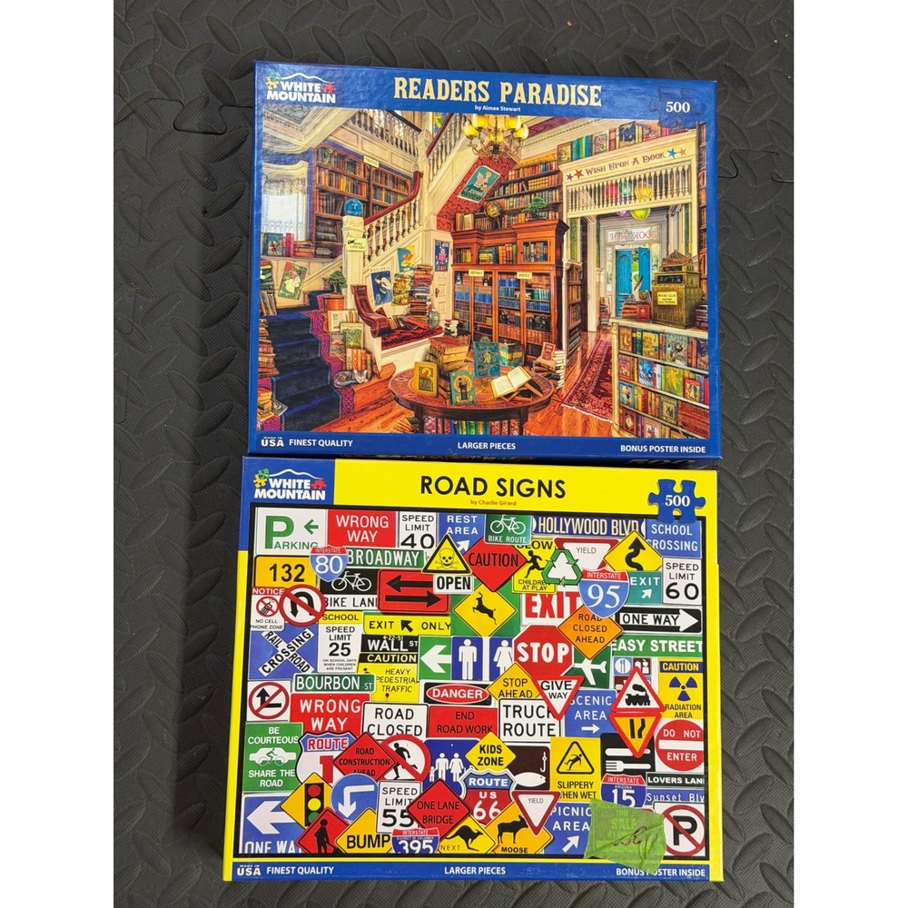 White Mountain Jigsaw Puzzle 2 pc lot 500 Piece Readers Paradise Road Signs